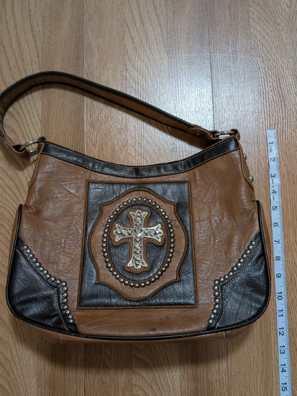 Y2K Women's Brown Embellished Cross Hobo Bag